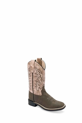 Fry Boots 'Old West' Children's Western Square Toe - Brown / Vintage Pink (Sizes 8.5C-3Y)