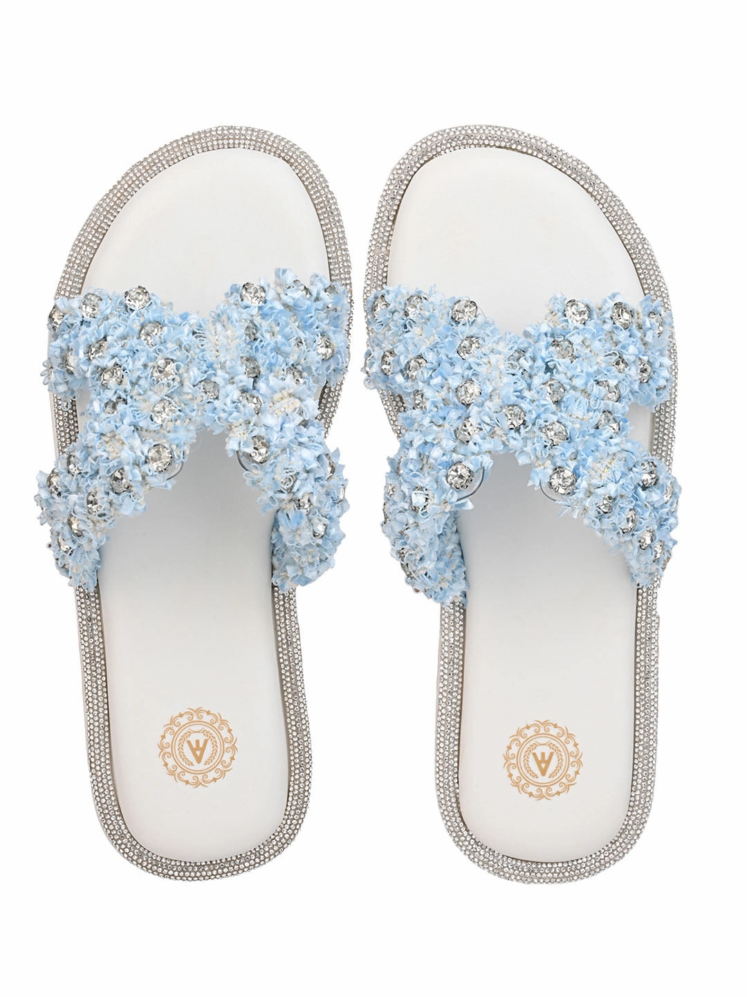 Aberto Torresi Blue Embellished Slide Sandals  Chic Design with Crystal Detailing Slip-ons Shoes