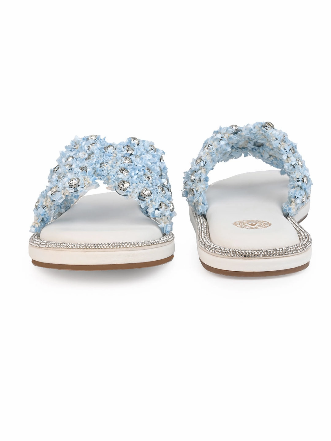 Aberto Torresi Blue Embellished Slide Sandals  Chic Design with Crystal Detailing Best Slip On Shoe For Walking