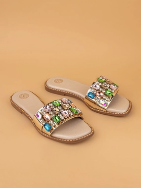 Aberto Torresi Gold Embellished Slide Sandals  Luxe Design with Multicolor Crystals Leopard Slip Ons