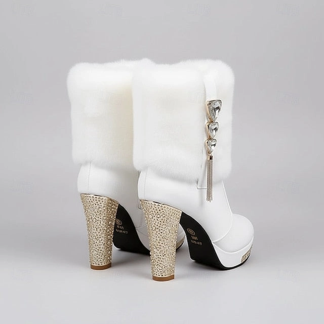 Ankle White Faux Boots - Rhinestone Fur Heels with Women's