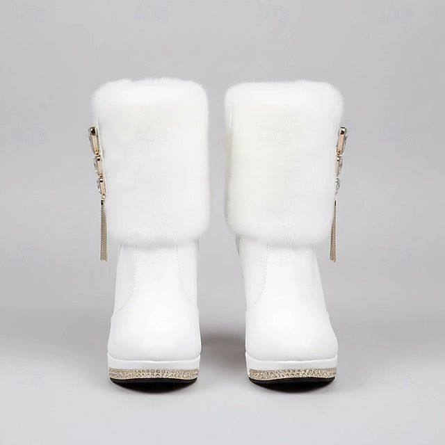 Boots Wide Feet Ankle White Faux Boots - Rhinestone Fur Heels with Women's