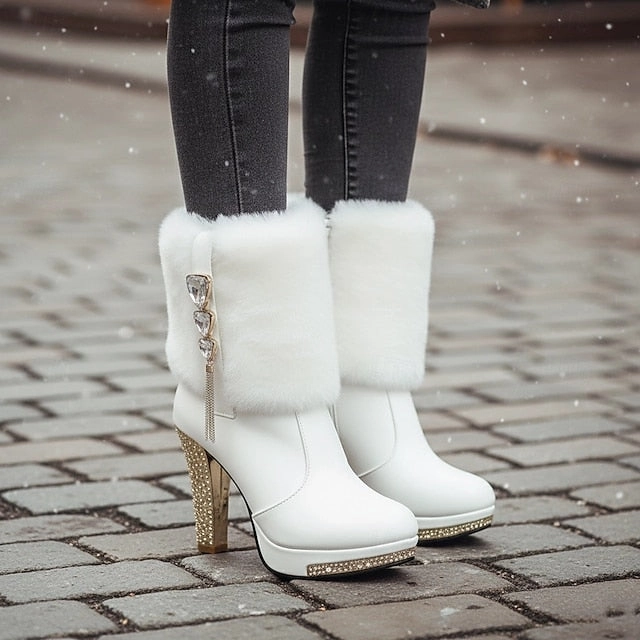 Ankle White Faux Boots - Rhinestone Fur Heels with Women's Chukka Suede Boots