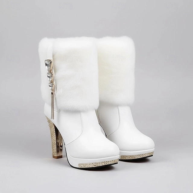 Ankle White Faux Boots - Rhinestone Fur Heels with Women's