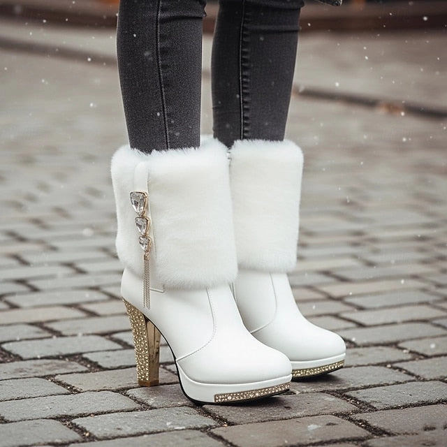 Caiman Boots Ankle White Faux Boots - Rhinestone Fur Heels with Women's