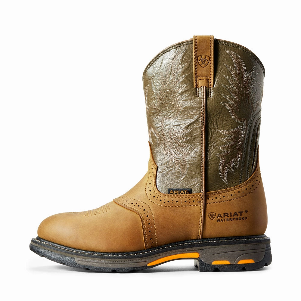 Waterproof All Weather Shoe Ariat Men's WorkHog Waterproof Round Toe Work Boot- Aged Bark and Army Green