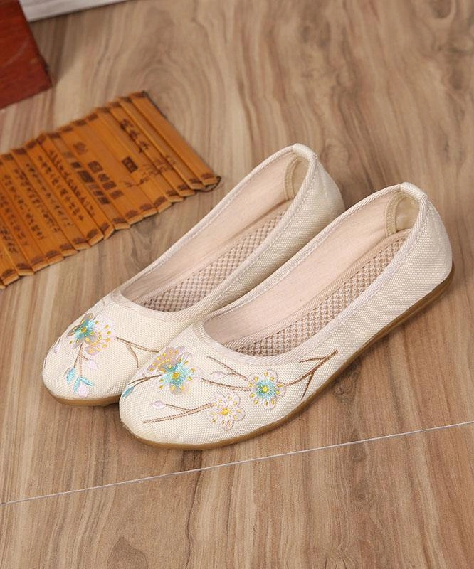 Art Splicing Flat Shoes For Women Beige Embroidered Cotton Linen Fabric RD026 Court Shoes For Flat Feet