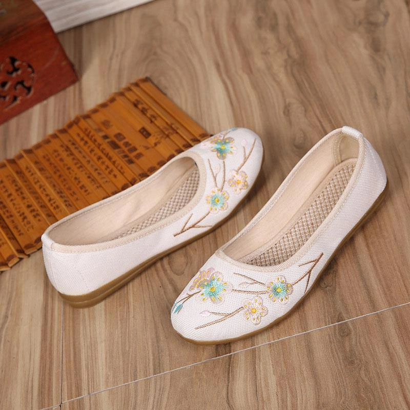 Shoes Flat Feet And Bunions Art Splicing Flat Shoes For Women Beige Embroidered Cotton Linen Fabric RD026
