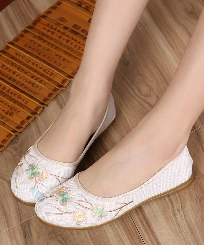 Fabric Flat Shoes Art Splicing Flat Shoes For Women Beige Embroidered Cotton Linen Fabric RD026