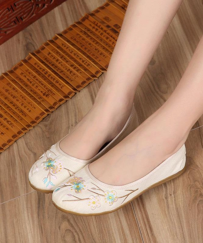 Art Splicing Flat Shoes For Women Beige Embroidered Cotton Linen Fabric RD026 Leggings With Flat Shoes