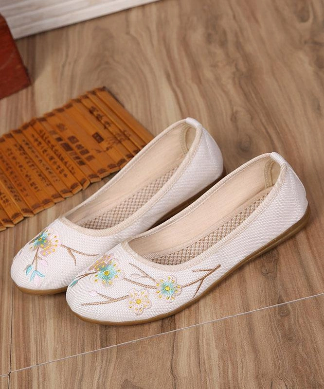 Golden Flats Shoes Art Splicing Flat Shoes For Women Beige Embroidered Cotton Linen Fabric RD026