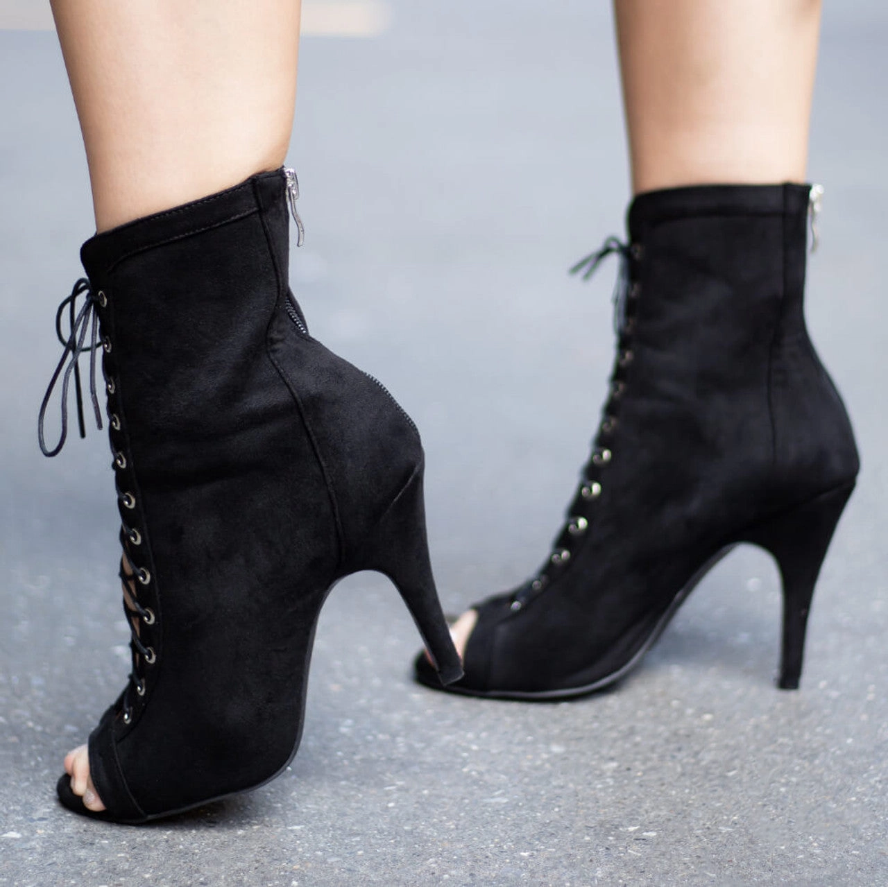 Sierralynn - Open Toe Faux Suede Lace Up Latin Dance Booties (Street Sole) Converse Heels Boots
