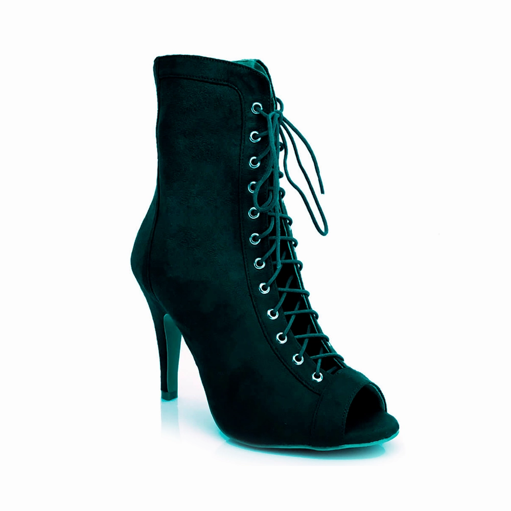 Sierralynn - Open Toe Faux Suede Lace Up Latin Dance Booties (Street Sole) Good Rain Boots