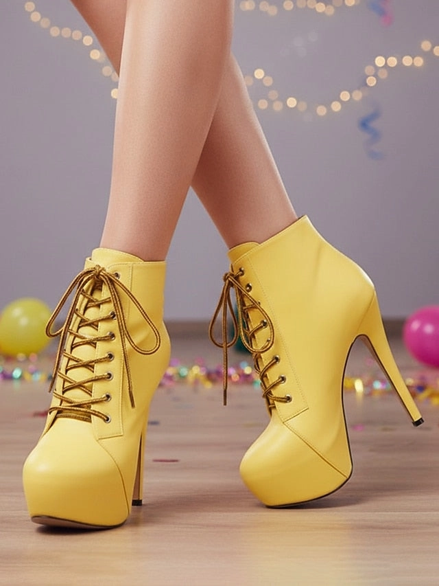 Boots Beige Platform Women's - Lace-Up Ankle Leather Faux