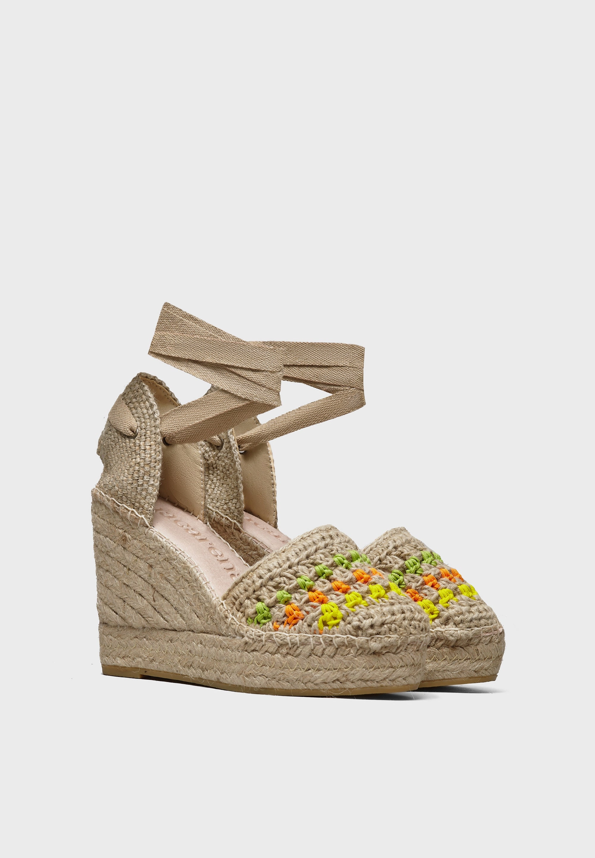 Embroidered Espadrille Alba High Ankle Tie Espadrilles Natural Flourescent Crochet