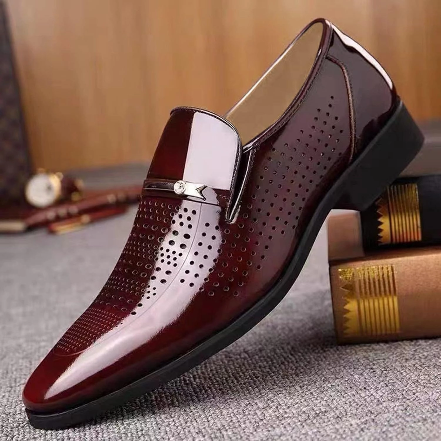 Casual Shoes Size 15 Wide Men's Dress Shoes Loafers Wide Width Classic Style Mens Shoes Fashion Hollow Out Metal Strip Decoration Business Casual Leather Shoes Comfortable Business Casual Shoes Wide Mens