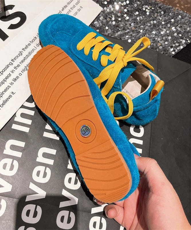 Women Casual Soft Comfy Blue Suede Flat Shoes Splicing Lace Up YC021