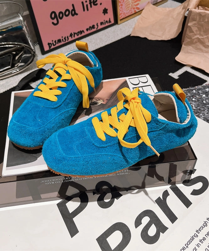 Women Casual Soft Comfy Blue Suede Flat Shoes Splicing Lace Up YC021