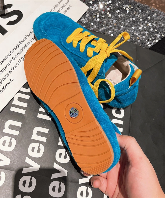 Women Casual Soft Comfy Blue Suede Flat Shoes Splicing Lace Up YC021