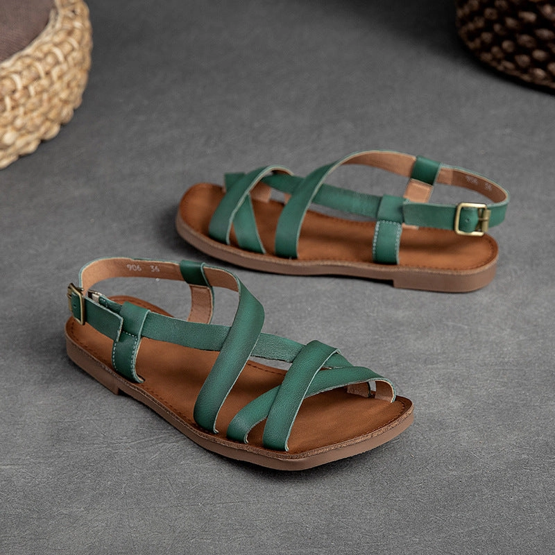 Women Summer Retro Leather Flat Casual Sandals Flat Shoes Korean Style