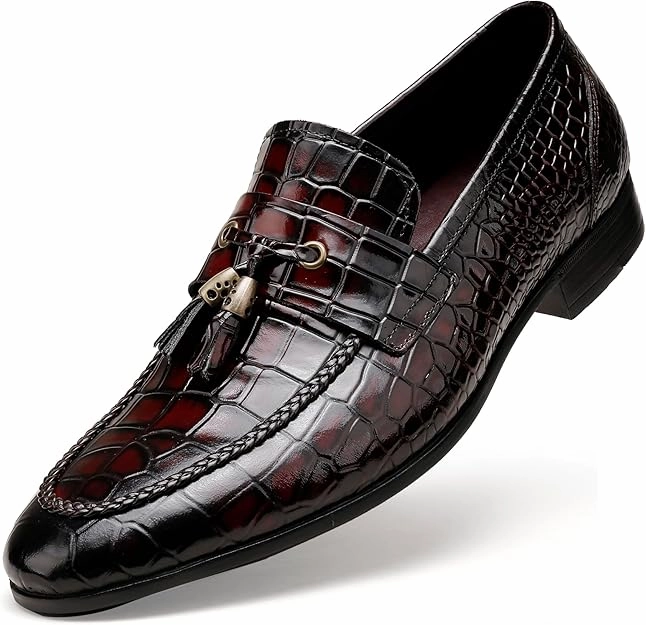 Men Comfort Dress Shoes Casual Crocodile Printed Tassel Dress Shoes Leather Slip-on Penny Loafer for Men