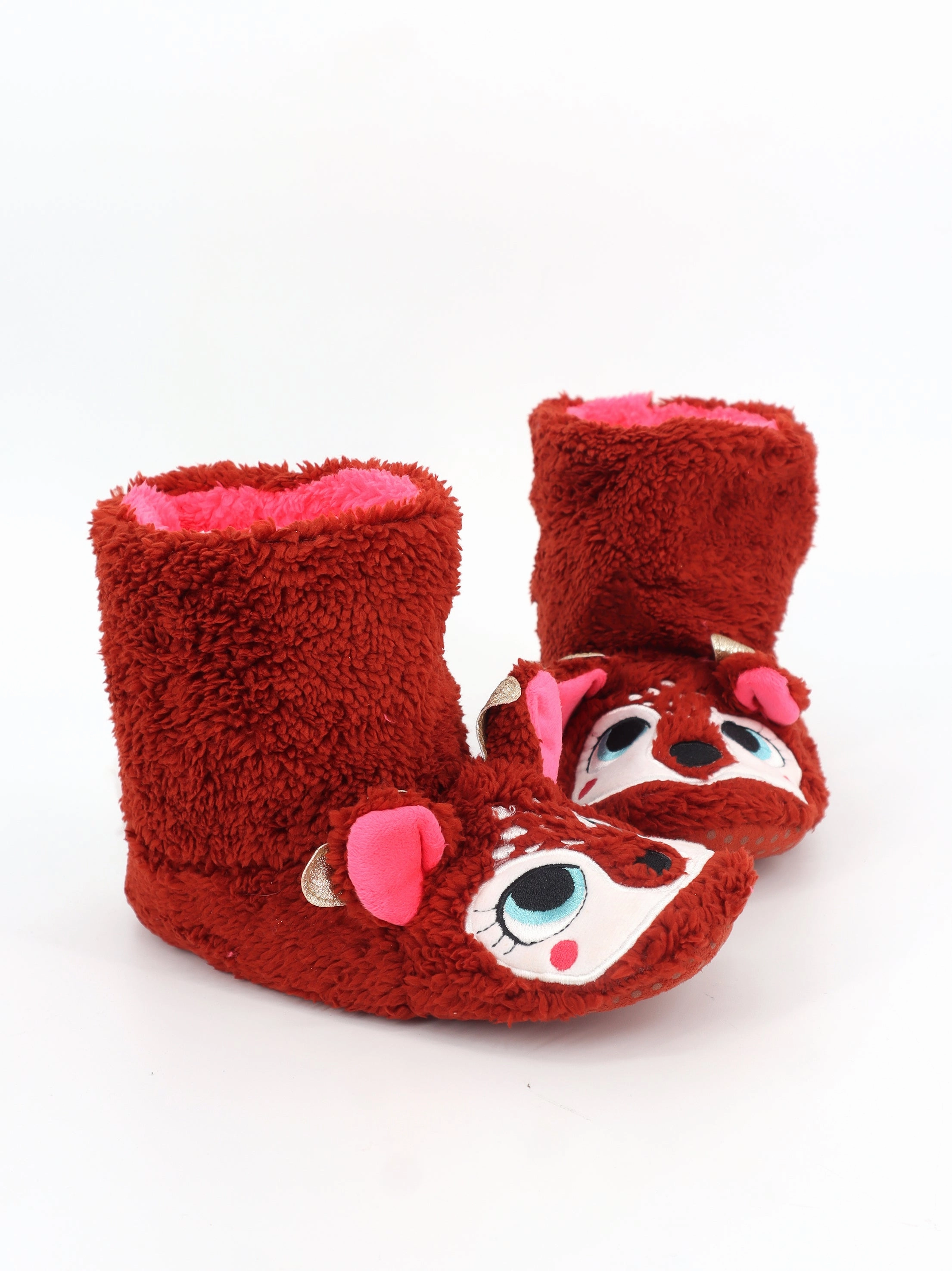 Kids Girl's Graphic Embroidered Faux Fur Slippers,Red Slippers With Velcro Strap