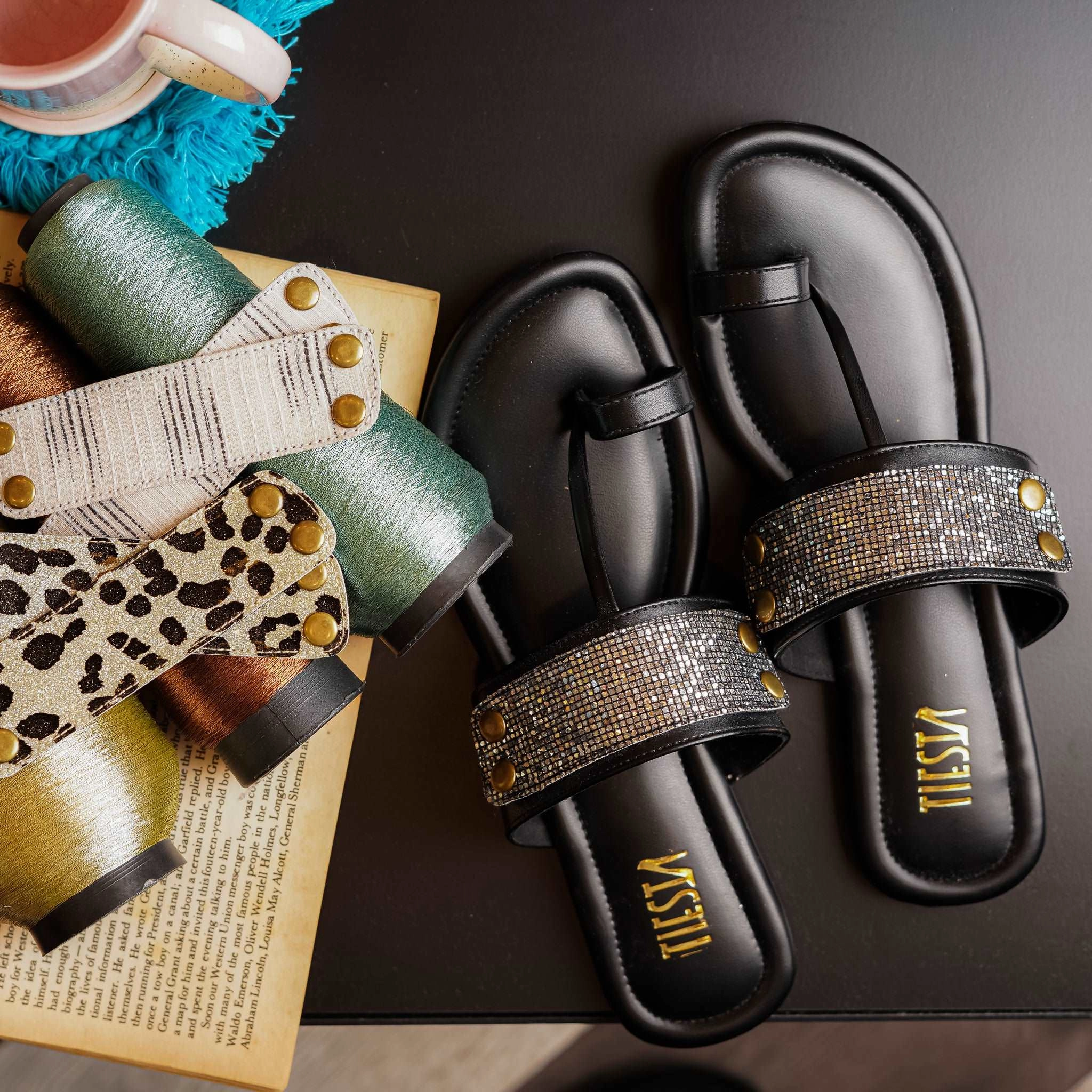 Kolas - Black Kolhapuri Chappal with Changeable Straps Mary Janes Shoes Flat