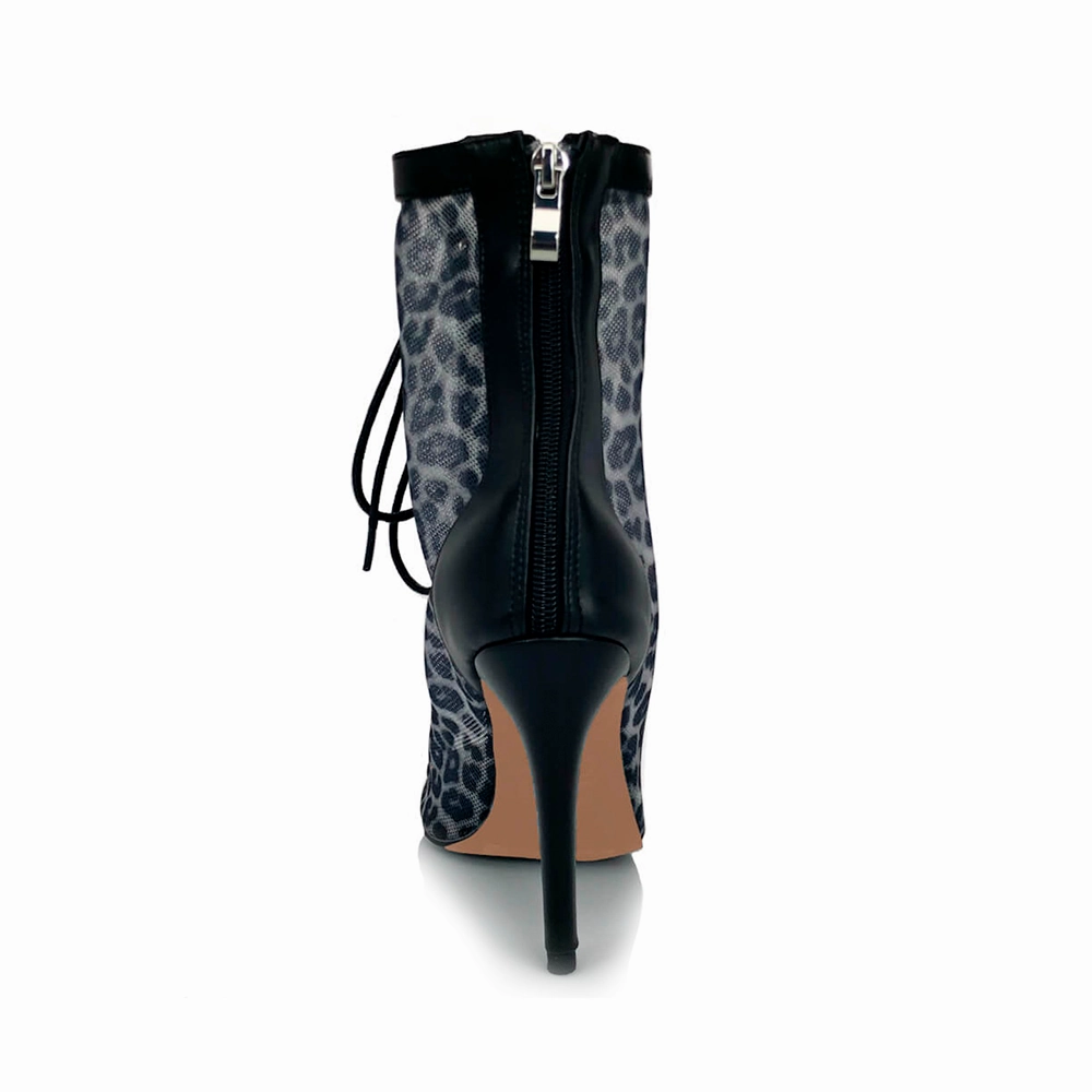 Leona Black Leopard Mesh Open Toe Lace-Up Latin Dance Booties (Street Sole) Dude Boots