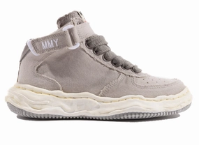 Maison Mihara Yasuhiro Canvas Wayne High-Top Sneaker in Grey Patent Leather Heel Sandals