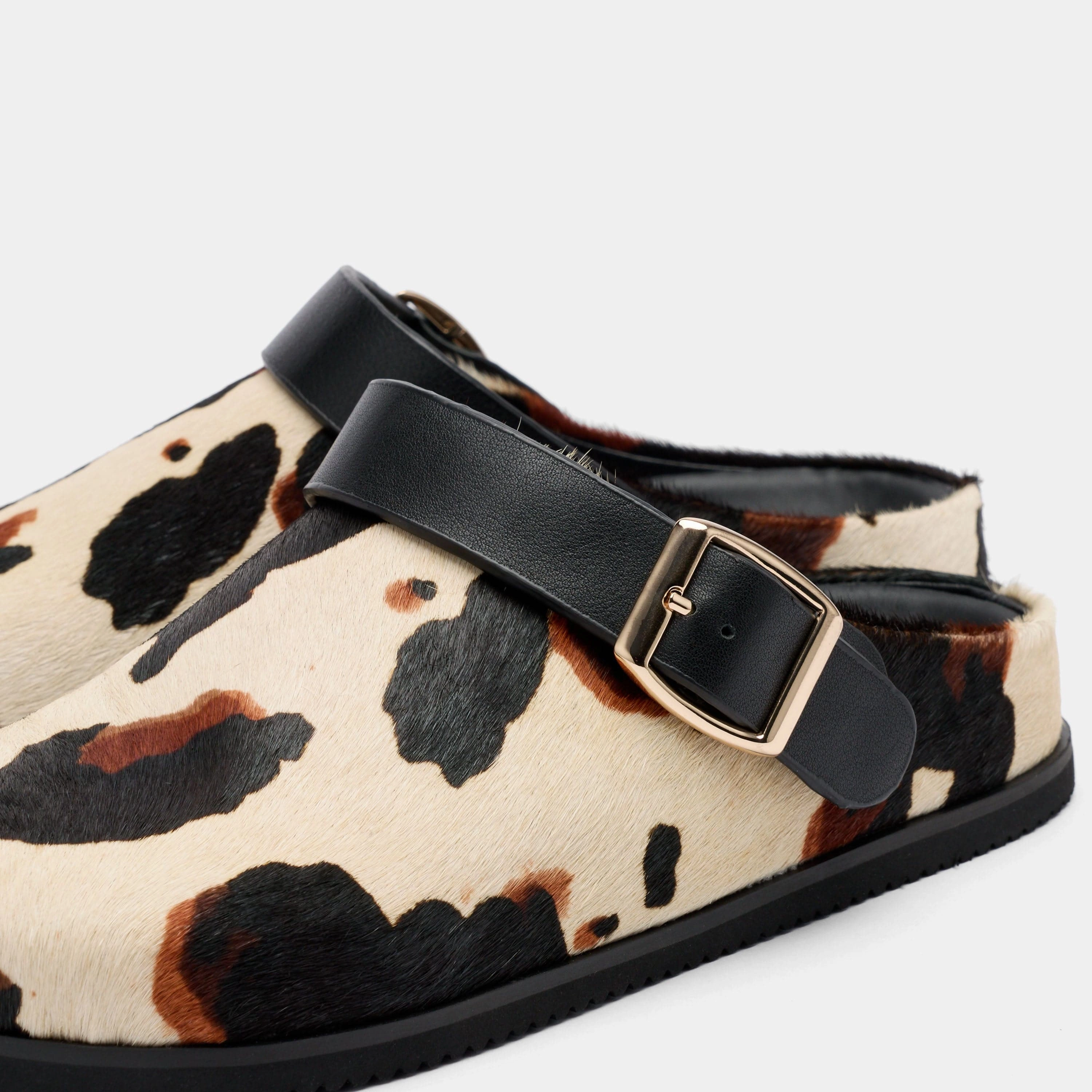 Ms. Solana Cow Print Backstrap Clogs Slip Ons With Memory Foam