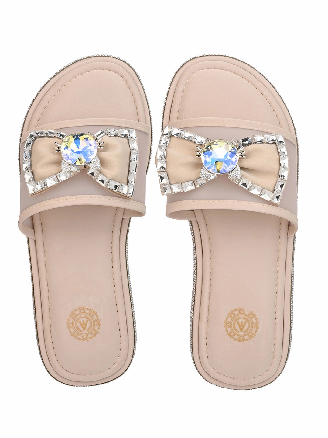 Aberto Torresi Elegant Nude Embellished Slide Sandals  Sparkle with Every Step Slip On Footwear