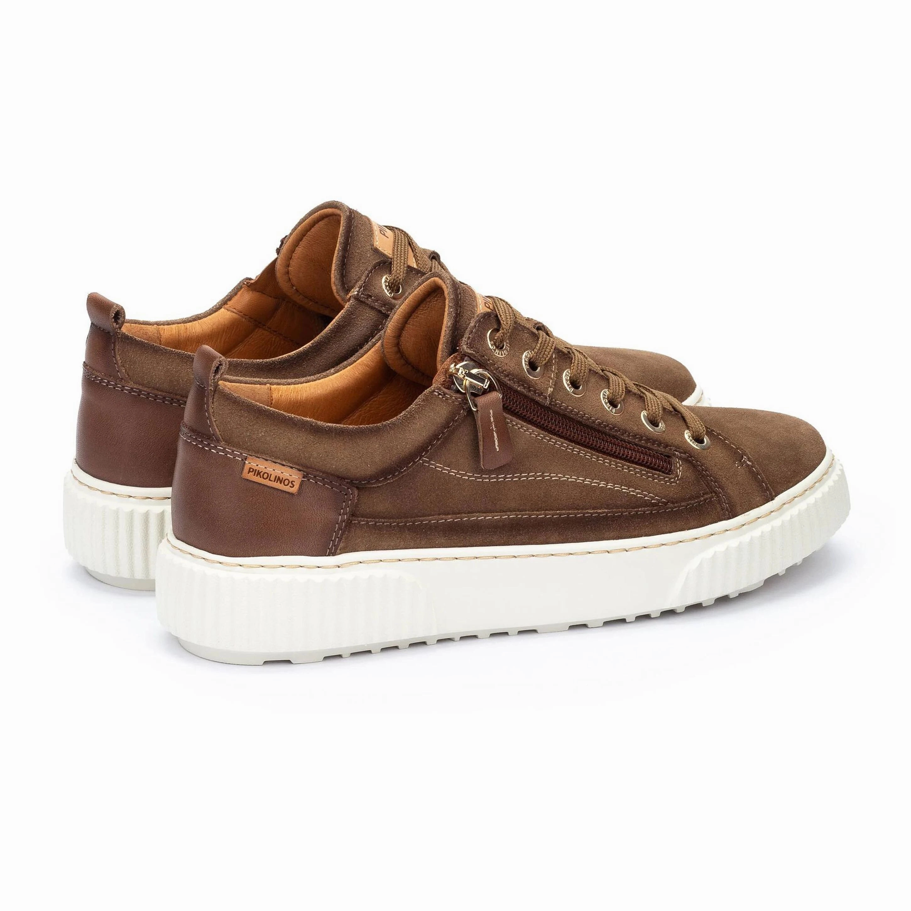 Pikolinos Women's Riells Platform Side Zip Leather Lace Sneaker in Taupe Best Walking Shoes High Arch