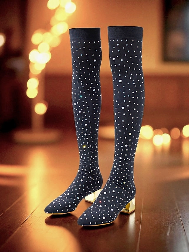 Thin Calf Boots Pointed Black Boots with Women's Rhinestone Over-the-Knee