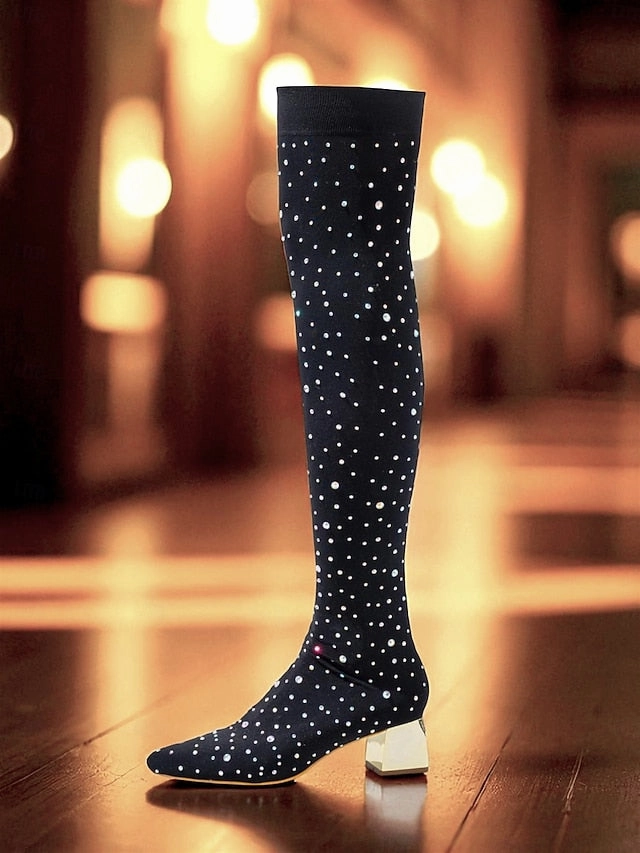 Pointed Black Boots with Women's Rhinestone Over-the-Knee Top Western Boots