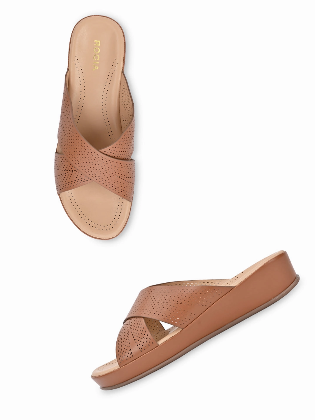 Flat And Heel Shoes Rocia By Regal Tan Women Comfort Laser Cut Cross Strap Flats