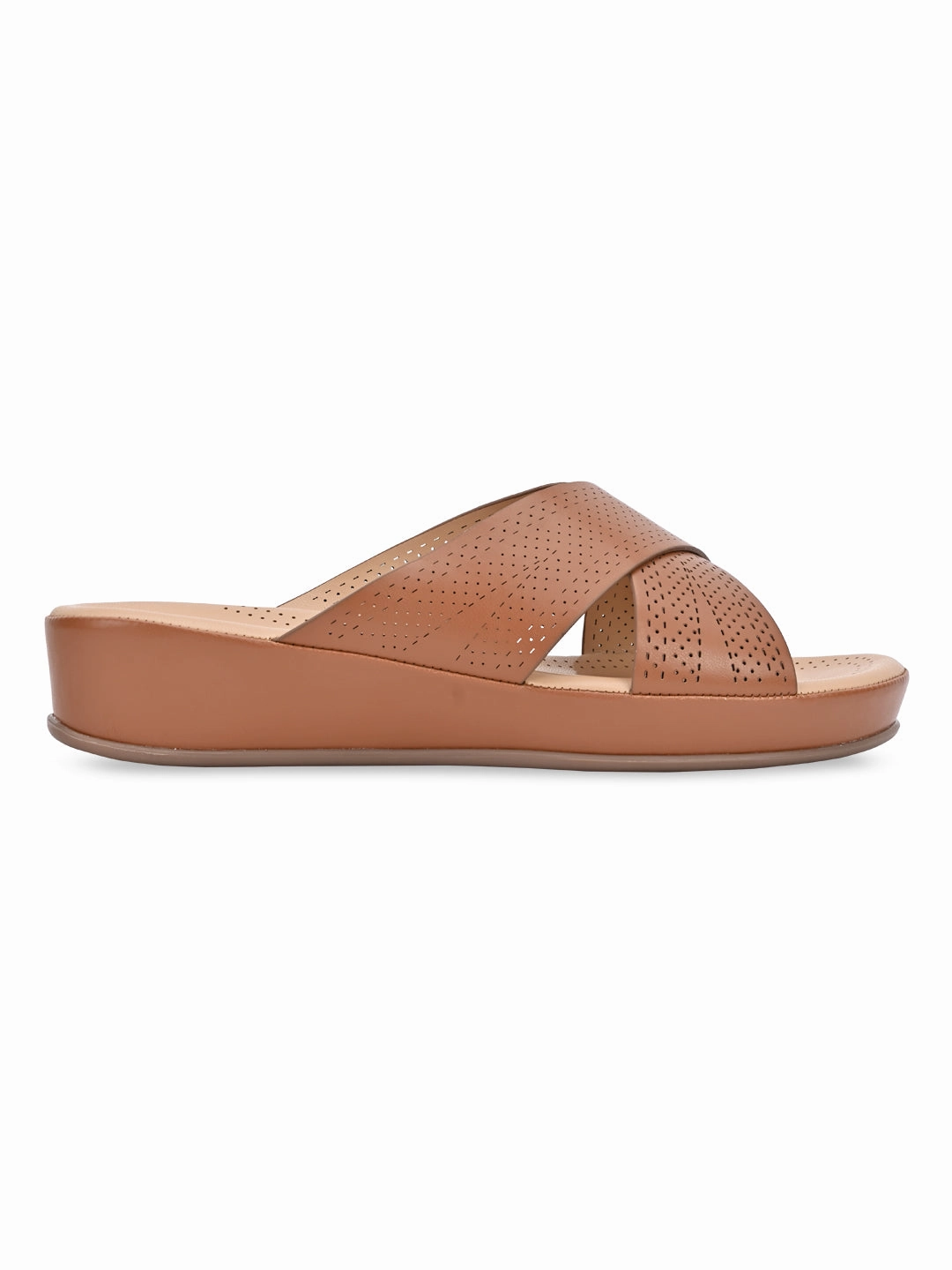 Crystal Shoes Rocia By Regal Tan Women Comfort Laser Cut Cross Strap Flats
