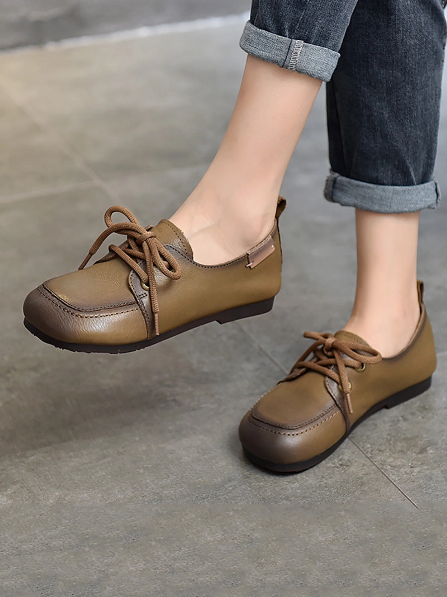 Women Summer Retro Solid Leather Square Toe Flat Shoes CX041 Flat Shoes Wide Width