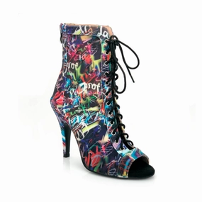 Sierralynn - Graffiti Print Open Toe Lace Up Dance Booties (Street Sole) Servus Boots