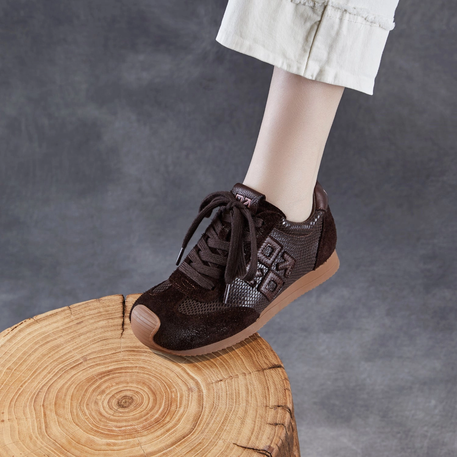 Women's Retro Patchwork Leather Flat Casual Sneakers Flat Pump Shoes