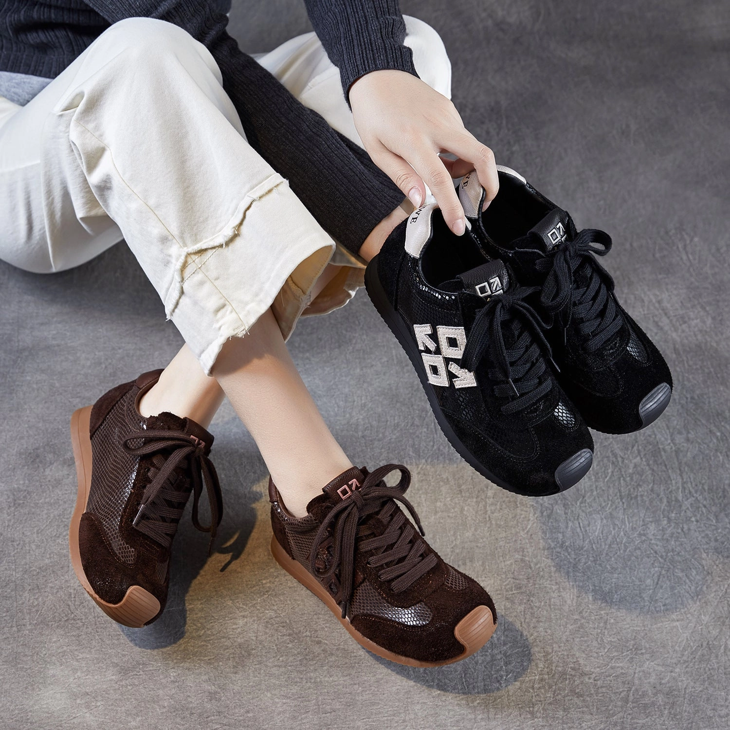 Running Shoes For Flat Wide Feet Women's Retro Patchwork Leather Flat Casual Sneakers