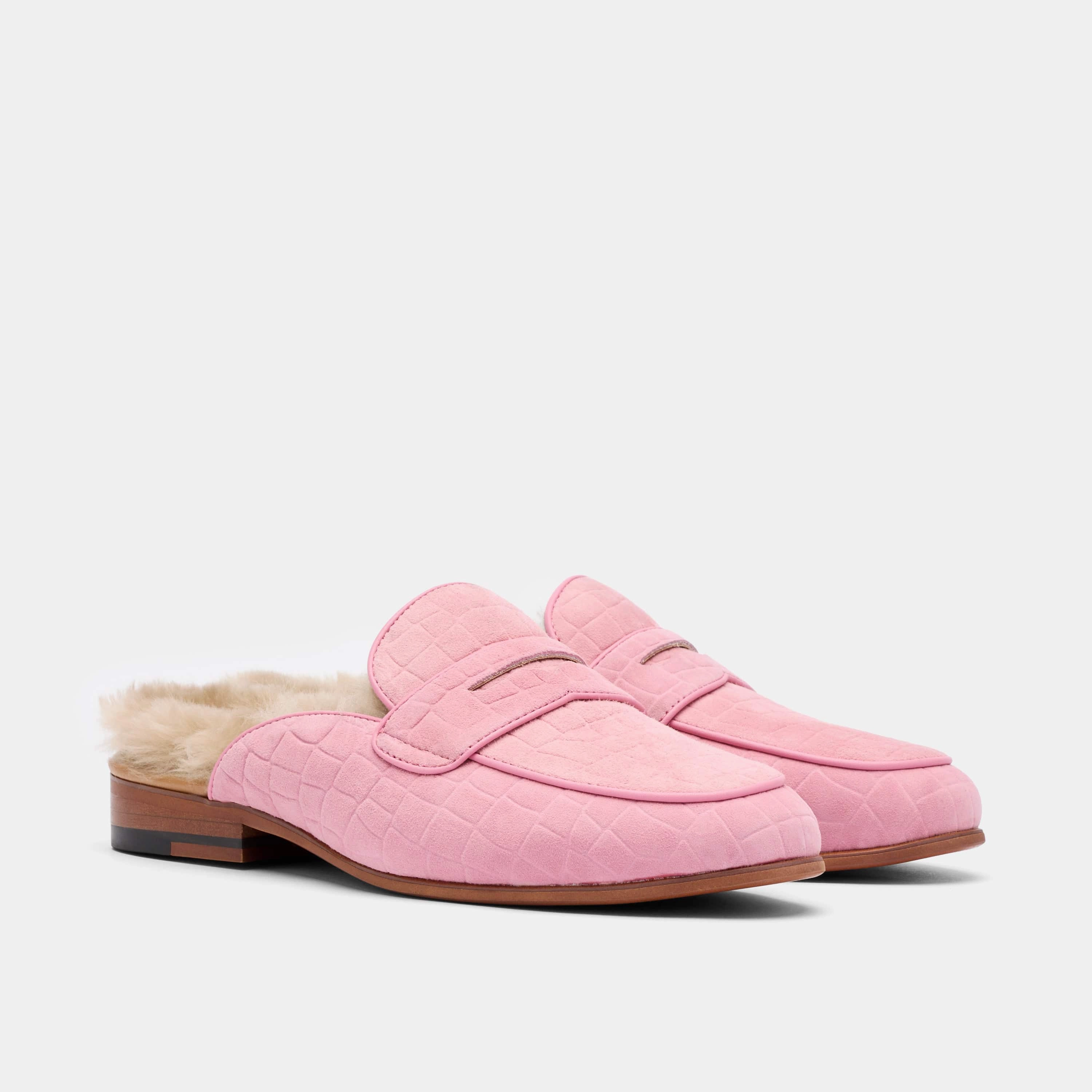 Ms. Del Mar Pink Croc Suede Loafer Mule Leather Slip Ons