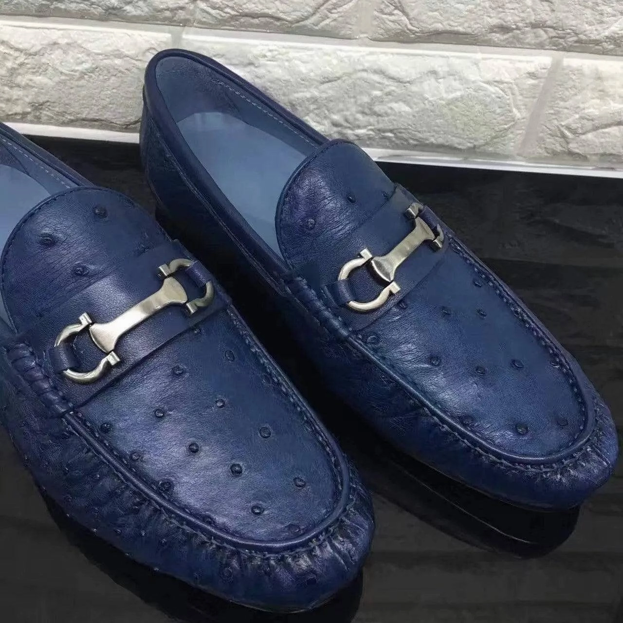 Crocodile Shoes Exotic Ostrich Skin Leather Slip-On~ Loafer Shoes for Men Blue And White High Heels