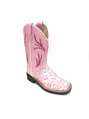 'Old West' Children's Western Broad Square Toe - Pink Print Vaquero Boots