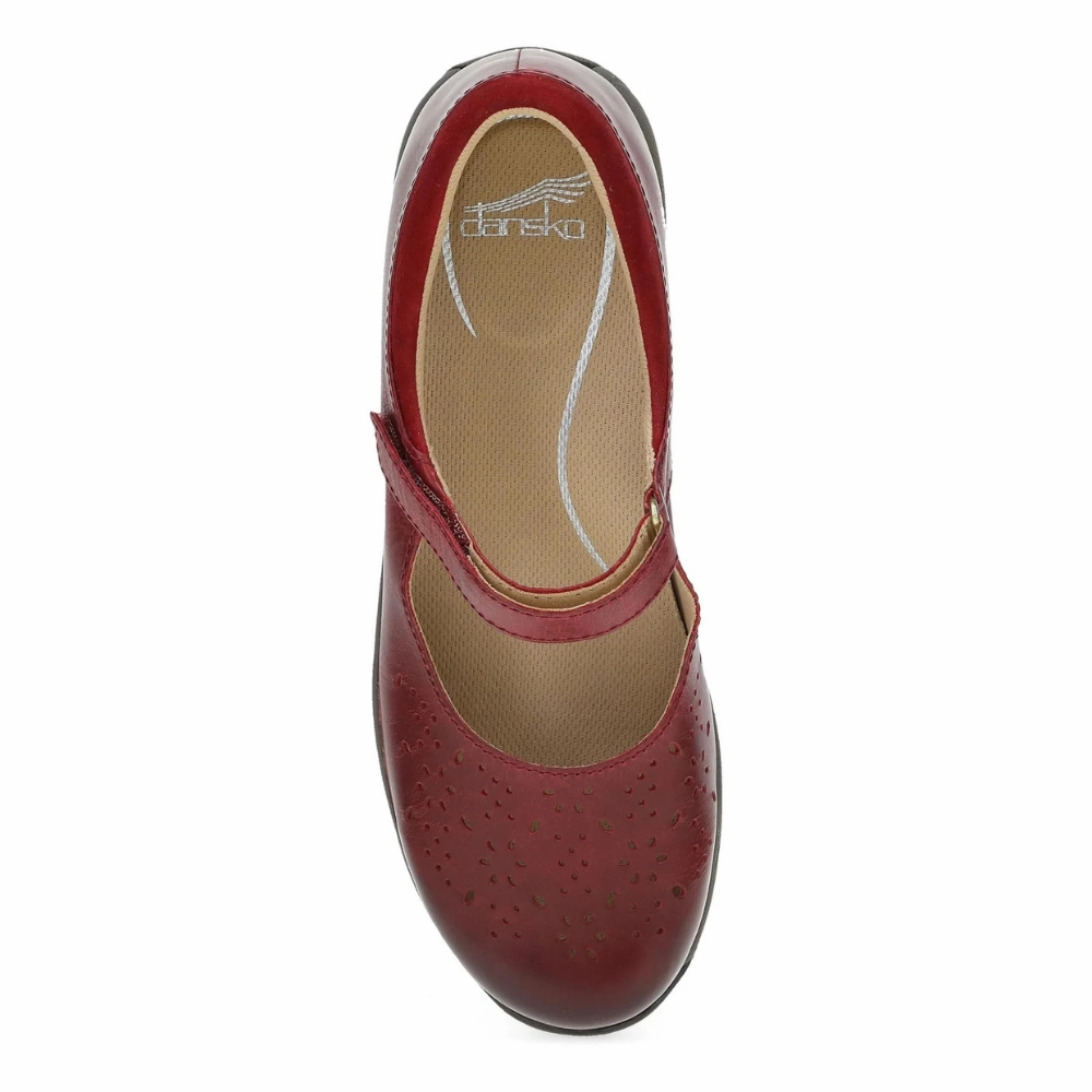 Flat Shoes With Tie Around Ankle Dansko Stacy Red Waxy Burnished Leather Mary Jane (Women's)