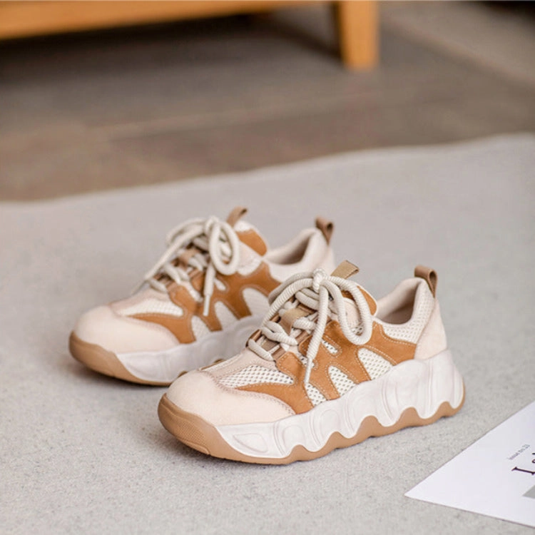 Women Color Matching Leather Mesh Platform Casual Shoes Upscale Casual Shoes