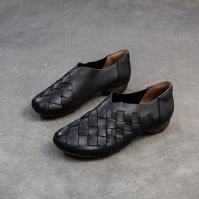 Casual Shoes Without Laces Women Handmade Plaited Solid Leather Casual Shoes