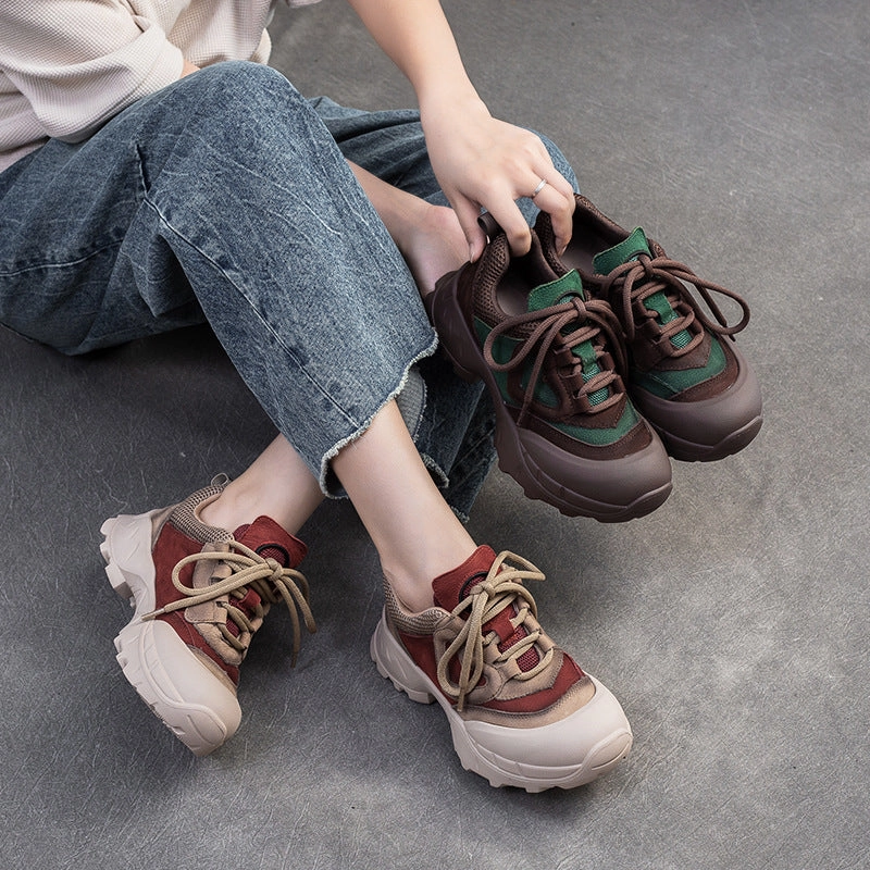 Toe Box Casual Shoes Women Retro Leather Breathable Mesh Casual Shoes
