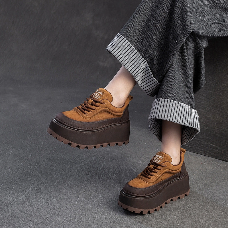 Thick Sole Casual Shoes Women Retro Leather Chunky Platform Casual Shoes