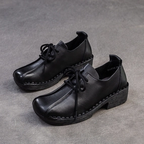 Oxford Shoes Smart Casual Women Retro Leather Low Block Casual Shoes