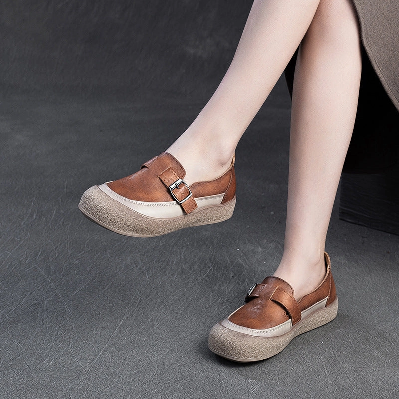 Laceless Casual Shoes Women Retro Leather Minimalism Soft Casual Shoes